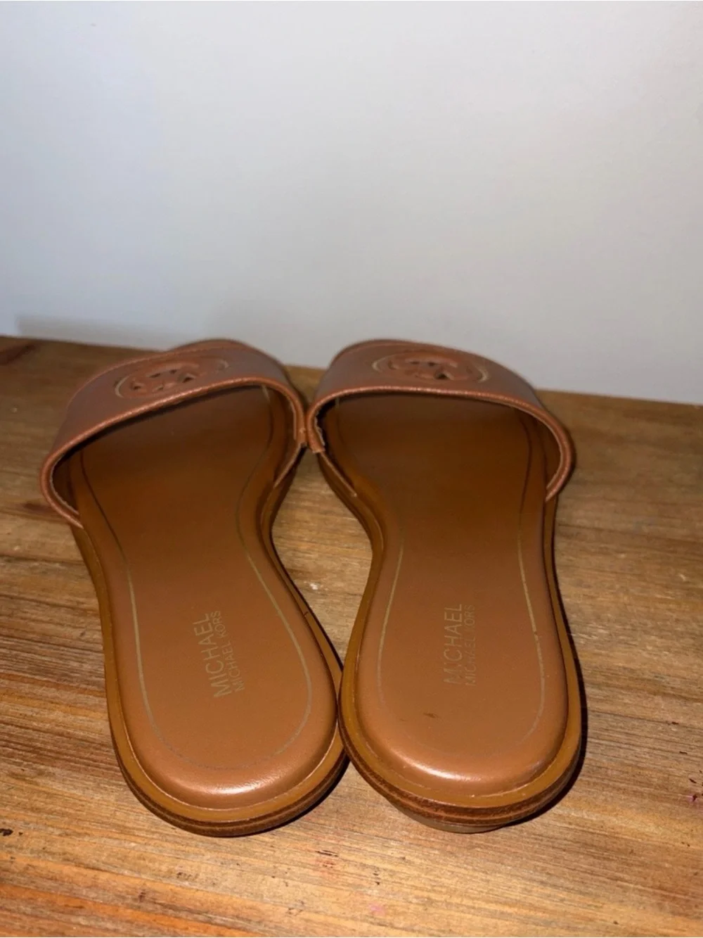 Michael Kors Cognac Brown Leather Logo Slide Sandals